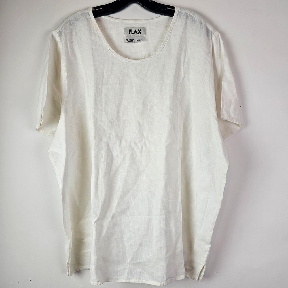 FLAX Womens Large White 100% Linen Short Sleeve Scoop Neck Lagenlook Tunic Top